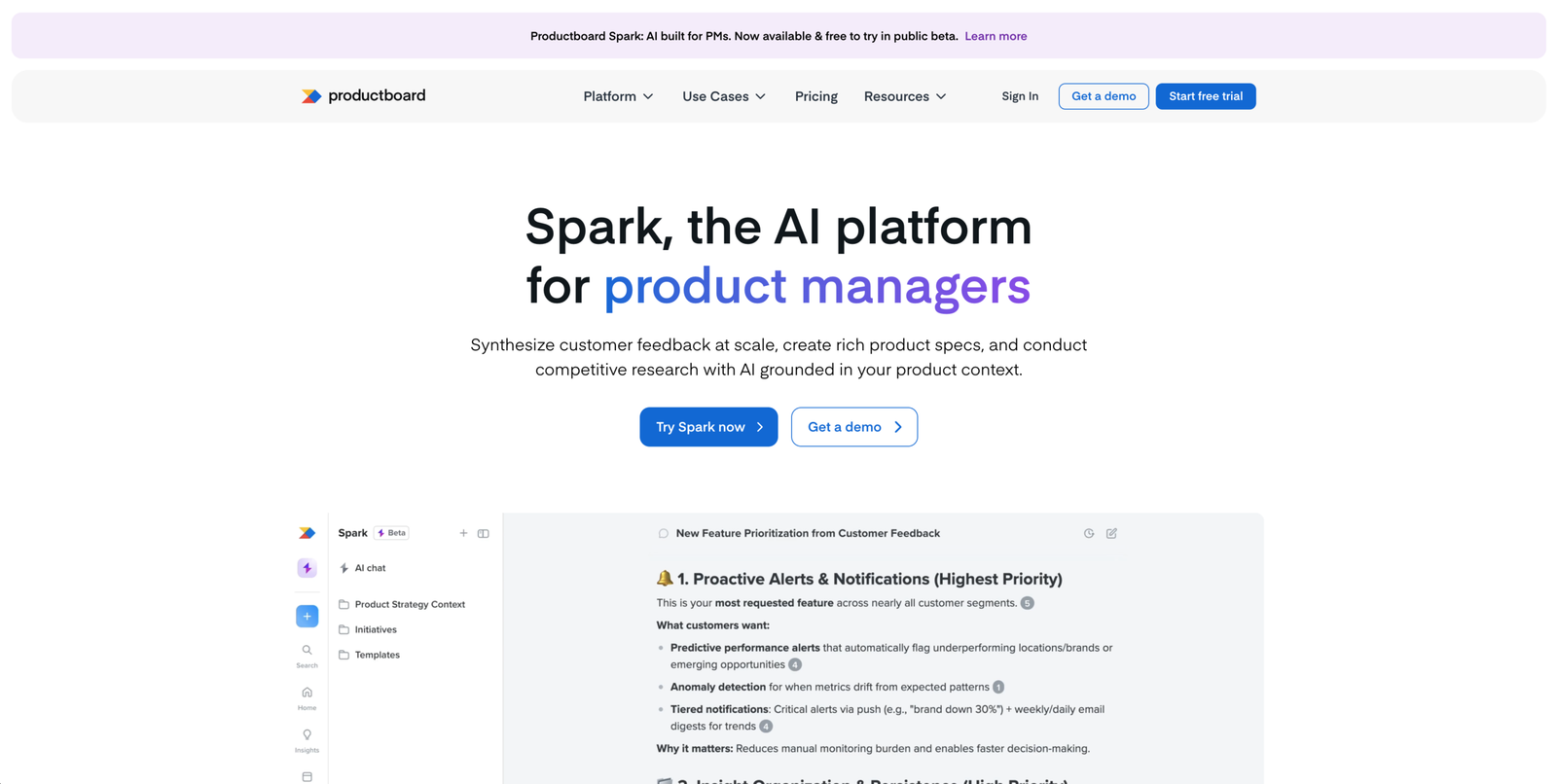 Productboard marketing page above the fold view