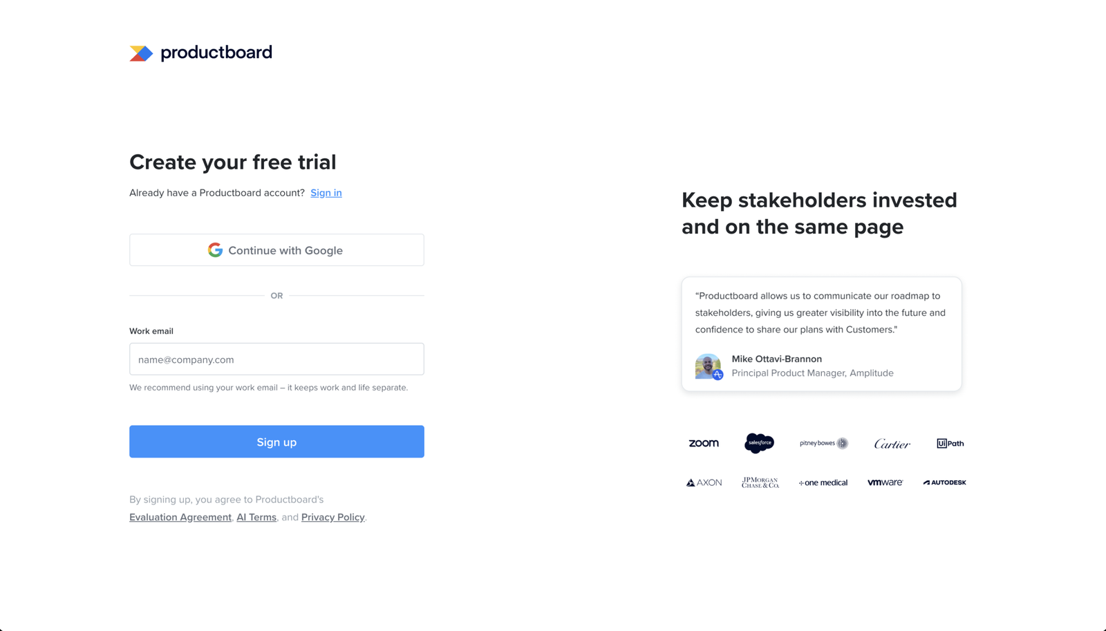 Productboard sign up page.